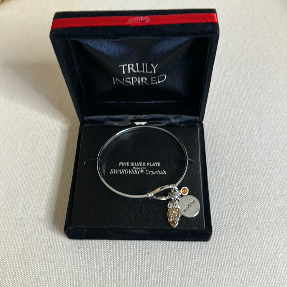 NIB Truly Inspired Wisdom Bangle Bracelet With Owl & Topaz Swarovski Charms